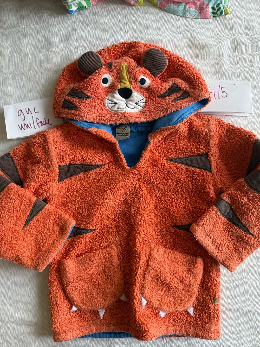 Frugi 4/5 Kids Orange Tiger Hooded Pullover with Ears
